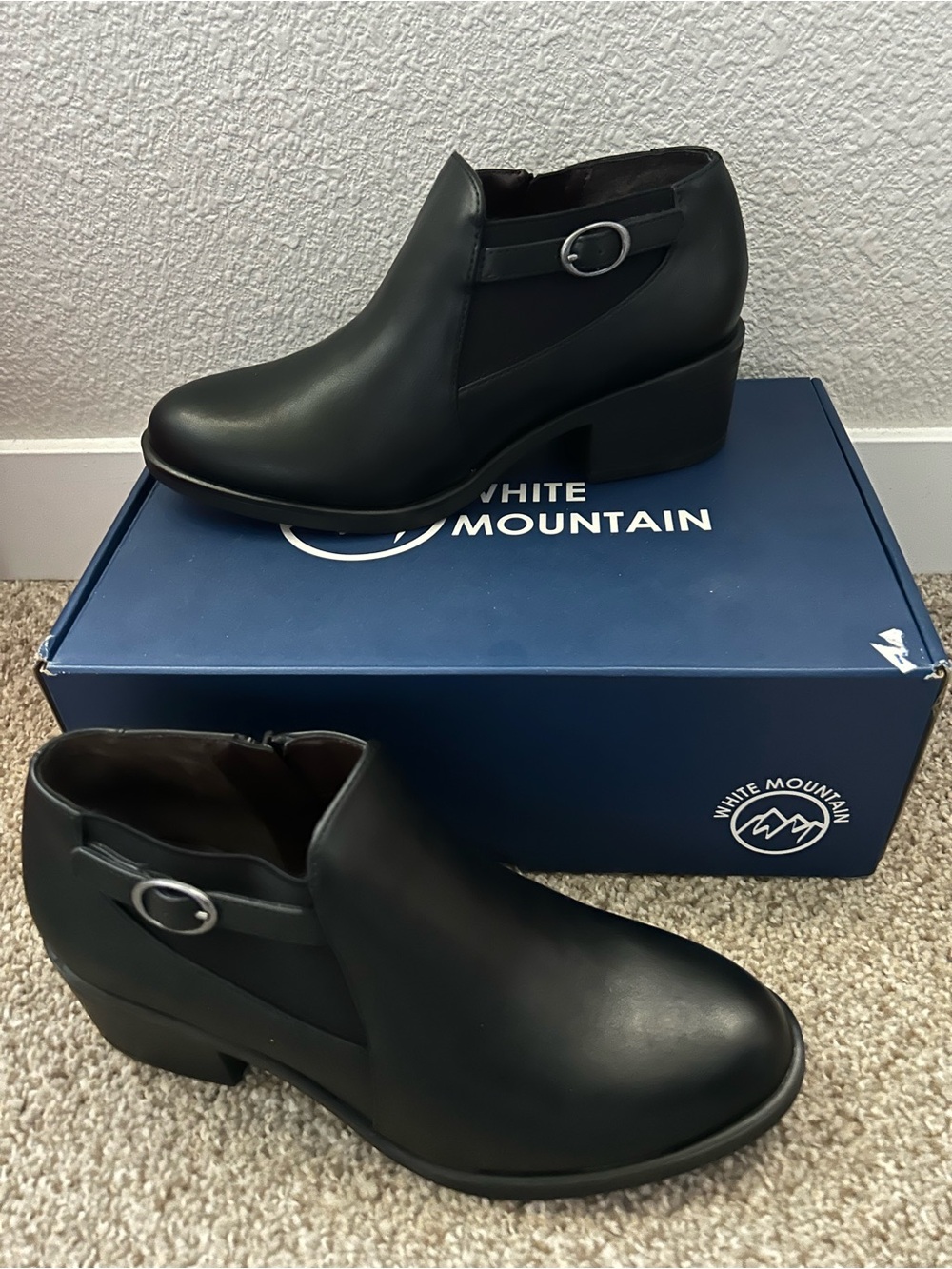 White Mountain Black Leather Ankle Booties with Buckle